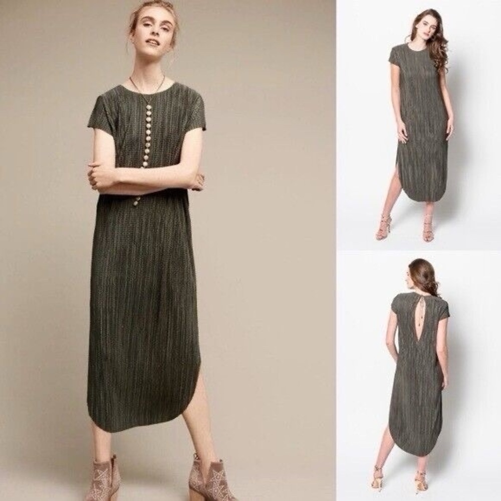 Sabina Musayev green blossom crinkle pleated Midi Dress side slits short sleeve